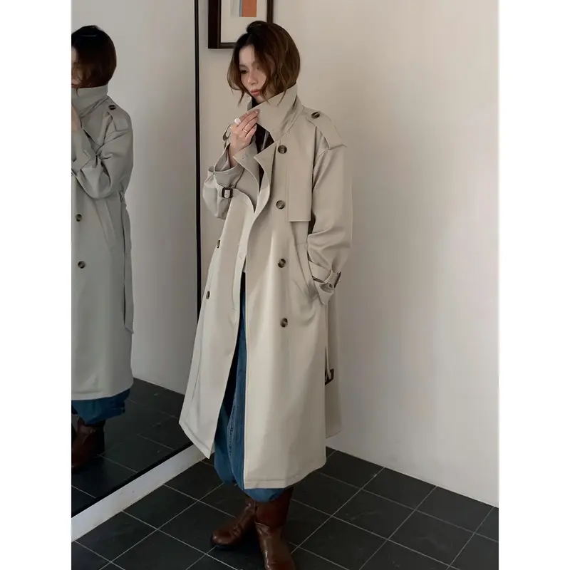 Damen Langer Trenchcoat mit Hochkragen, doppelter Sturmklappe und verstellbaren Manschetten Drune