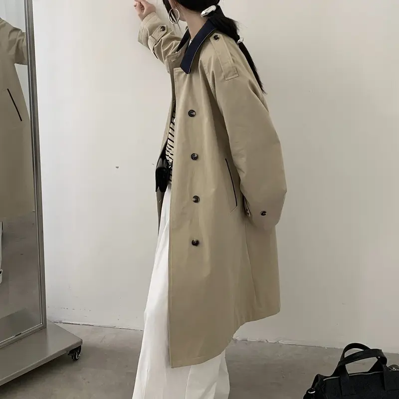 Damen Langer Wasserabweisender Trenchcoat mit Rückencape und Stehkragen Drune
