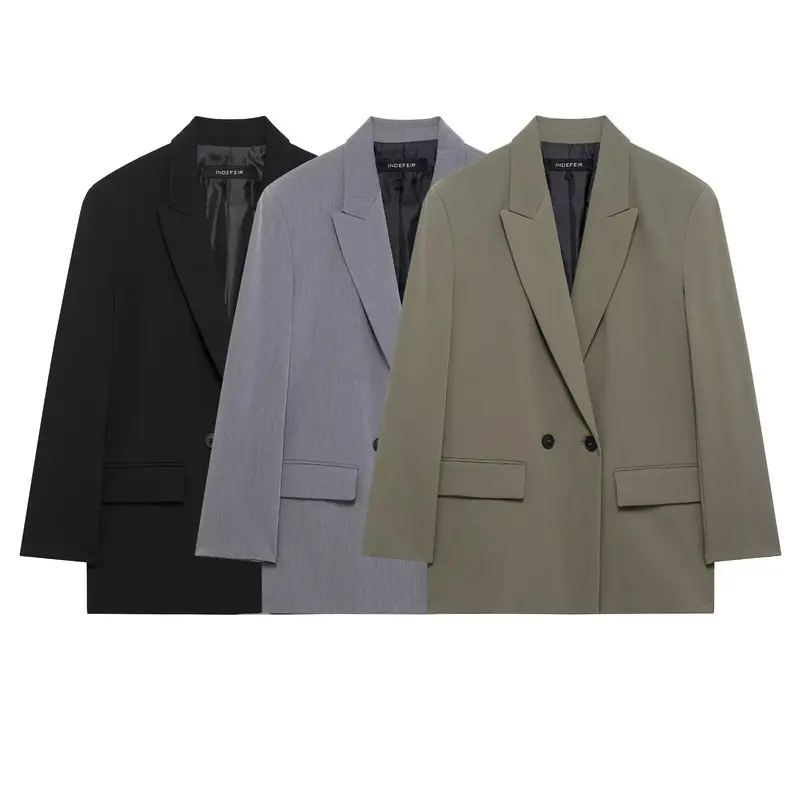 Damen Langer Zweireihiger Blazer-Mantel mit Oversize-Schnitt und Pattentaschen Drune
