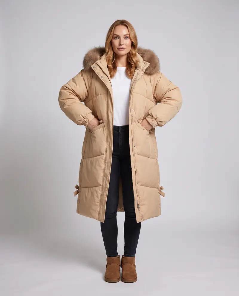 Damen längerer gesteppter Winterparka mit feminine A-Linie, abnehmbarer Kapuze und extra großen Seitentaschen