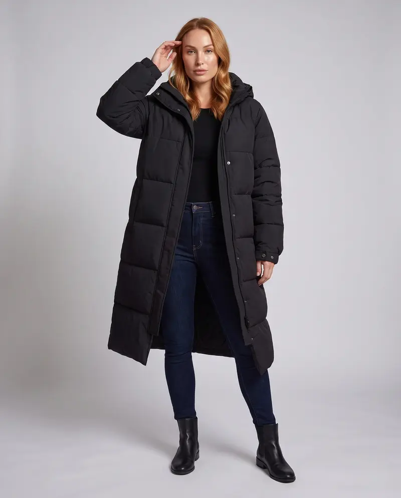 Damen längerer Kälteblocker-Puffer-Mantel mit Gehschlitz, hoch schließendem Kragen und geräuschreduzierendem Außenmaterial