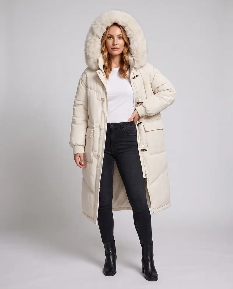 Damen längerer oversize Thermoparka mit abnehmbarem Kunstfellkapuze, Schlaufenverschluss und zweifach öffnendem Reißverschluss