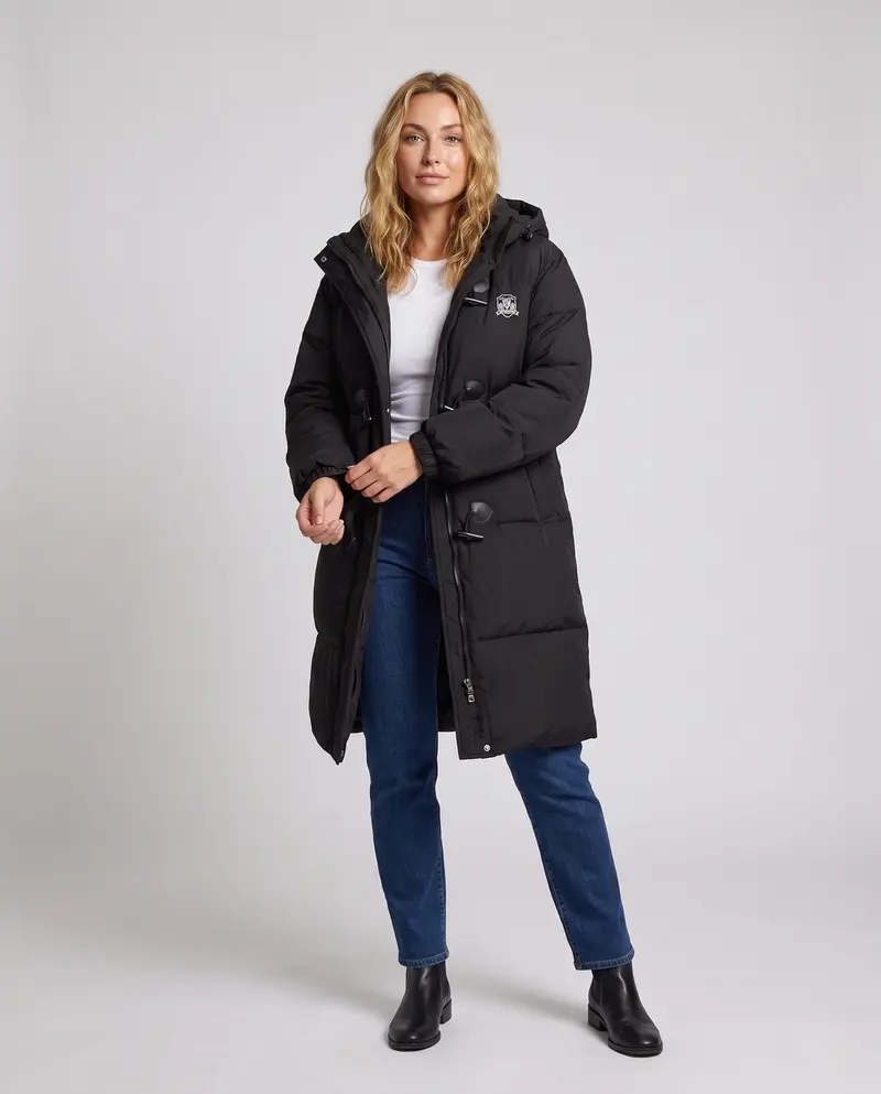 Damen längerer thermischer Puffer-Mantel mit Toggle-Button-Front, oversized boxy Schnitt und Reisepassform