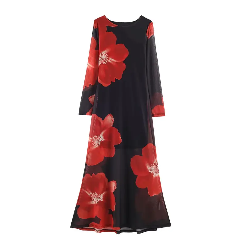 Damen Langes A-Linien‑Maxikleid mit Chiffon‑Overlay und großfloralem Druck Drune