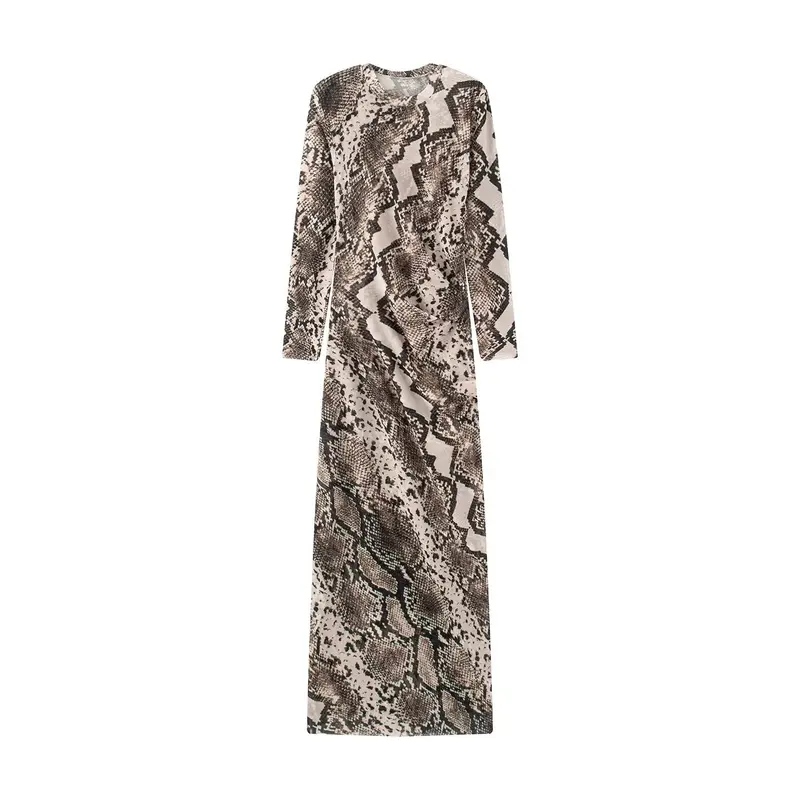 Damen Langes Bodycon-Maxikleid mit Rundhals und Schlangenprint Drune