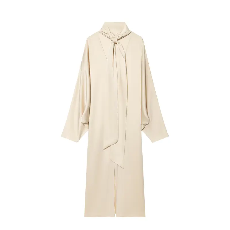 Damen Langes Hemdblusen-Kleid mit Schleifenkragen und Kimonoärmeln Drune