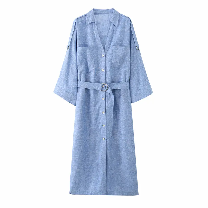 Damen Langes Hemdblusenkleid mit Taillengürtel und Kimonoärmeln Drune