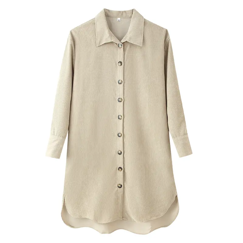 Damen Langes Hemdkleid aus Cord‑Ripp mit durchgehender Knopfleiste, Hemdkragen und abgerundetem Saum Drune