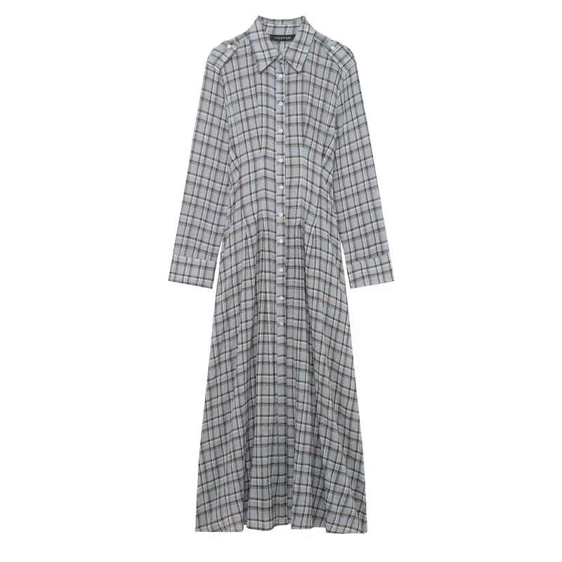 Damen Langes kariertes Hemdkleid mit durchgehender Knopfleiste und A‑Linien‑Silhouette Drune