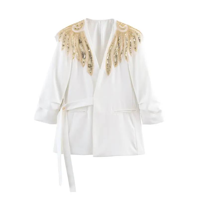 Damen Langline-Blazer mit goldbestickten Schultern und Bindegürtel Drune