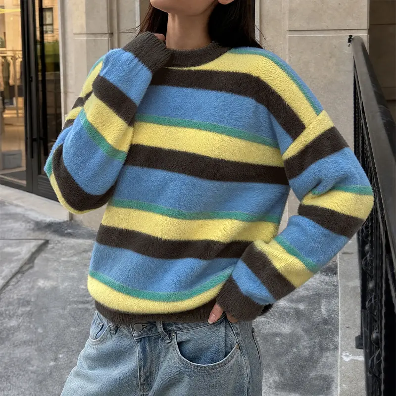 Damen Lässig gestrickter Pullover mit buntem Streifenmuster Drune