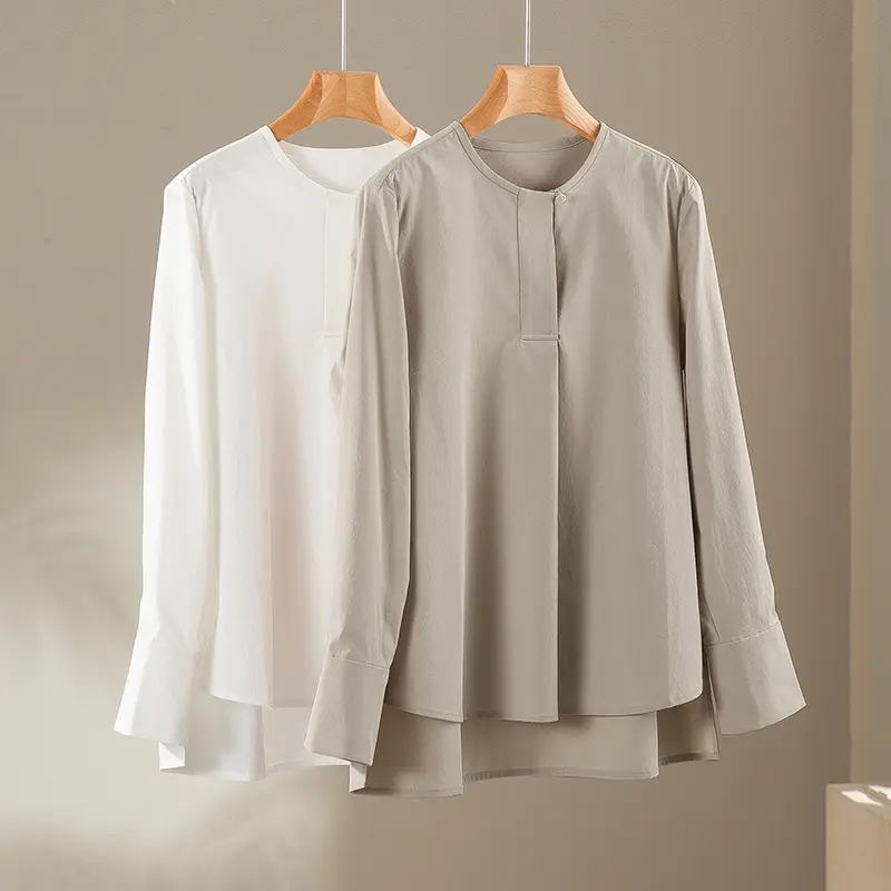 Damen Lässige Langarm-Bluse mit verdeckter Knopfleiste und Lagen-Saum Drune