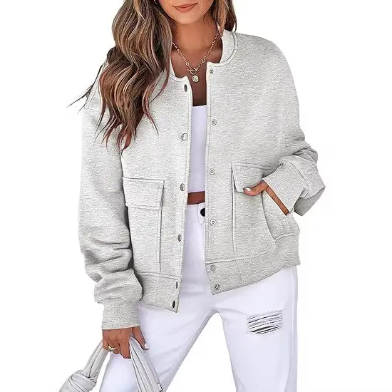 Damen lässige Oversize-Bomberjacke aus Sweatstoff mit Druckknopfleiste und aufgesetzten Taschen Drune