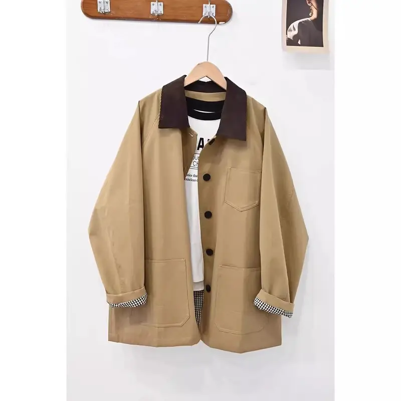 Damen Lässige Oversized-Jacke mit Kontrastkragen Drune
