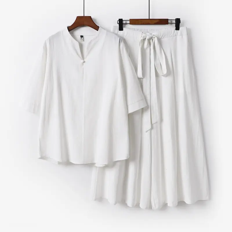 Damen Lässiges Leinen-Viskose Lounge-Set mit Stehkragen-Oberteil und weiten Palazzo-Hose Drune