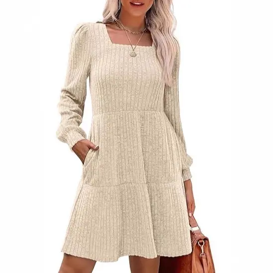 Damen Lässiges und elegantes Rippkleid mit langen Ärmeln Drune