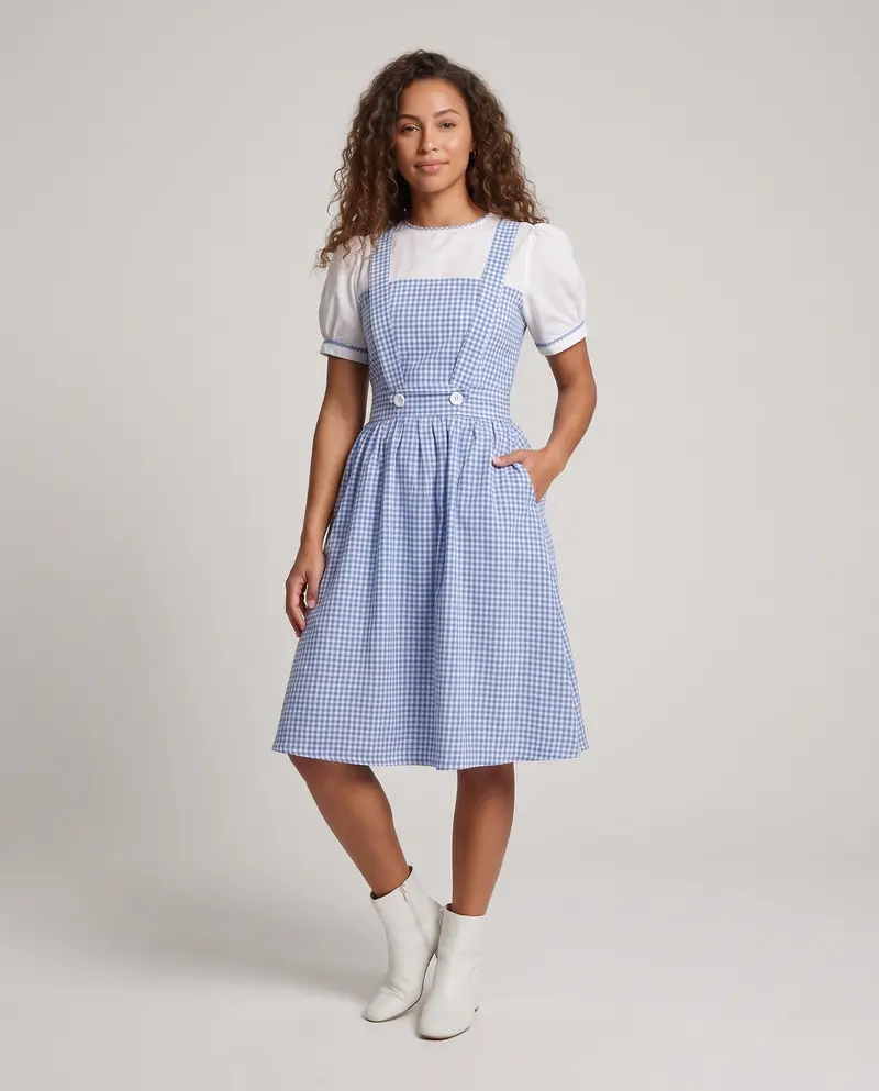 Damen Latzkleid im klassischen Karomuster mit knöpfbarem Oberteil Drune