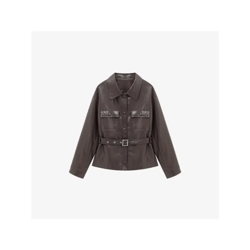 Damen Lederjacke im Oversize-Utility-Stil mit Taillengürtel Drune