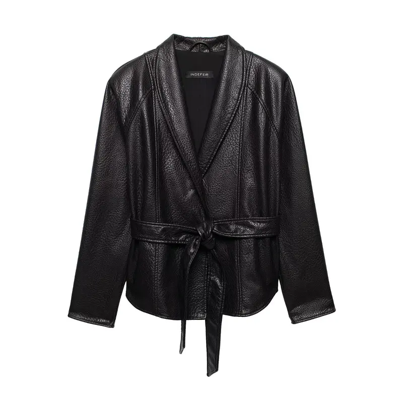 Damen Lederjacke in Lederoptik mit Bindegürtel und Schalkragen Drune