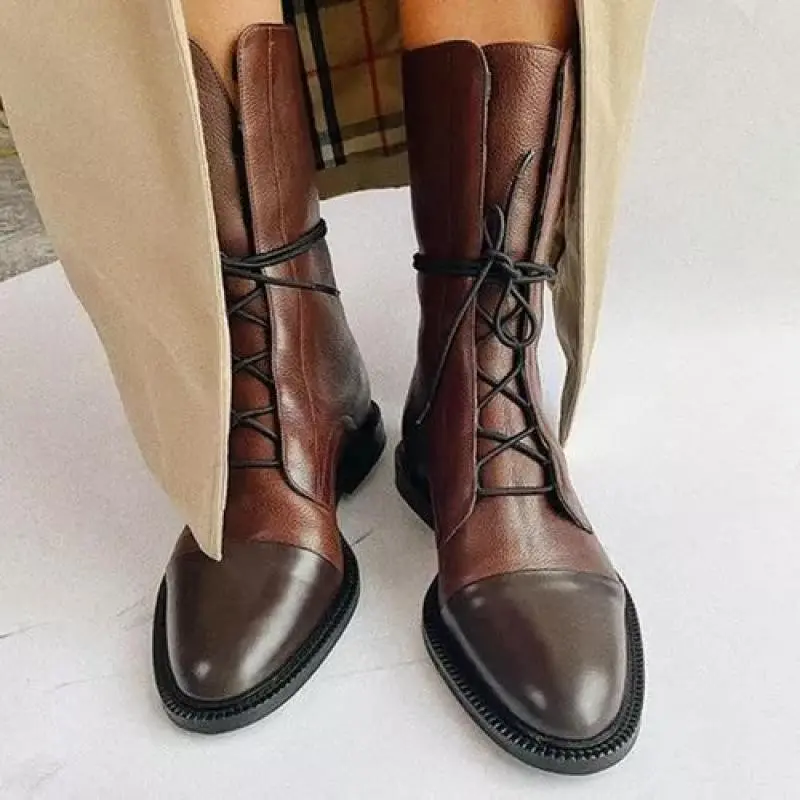 Damen Lederoptik-Schnürstiefelette mit glänzender Zehenkappe und niedrigem Blockabsatz Drune