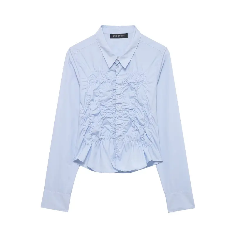 Damen leicht taillierte Hemdbluse mit Raffung und Volant-Peplum Drune