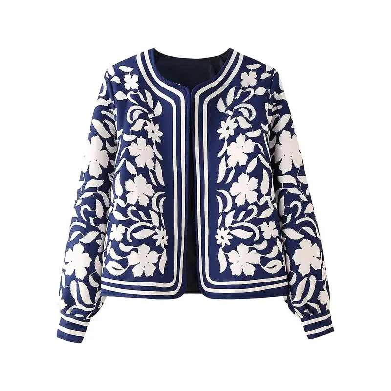 Damen Leichte Blousonjacke im floralen Muster mit Rundhals, Balloonärmeln und kontrastierenden Streifen Drune