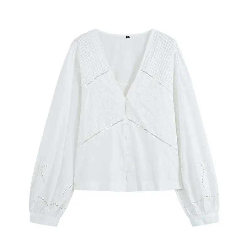 Damen Leichte Bluse mit V‑Ausschnitt, Plissee‑Schulterpasse und Broderie‑Anglaise Drune