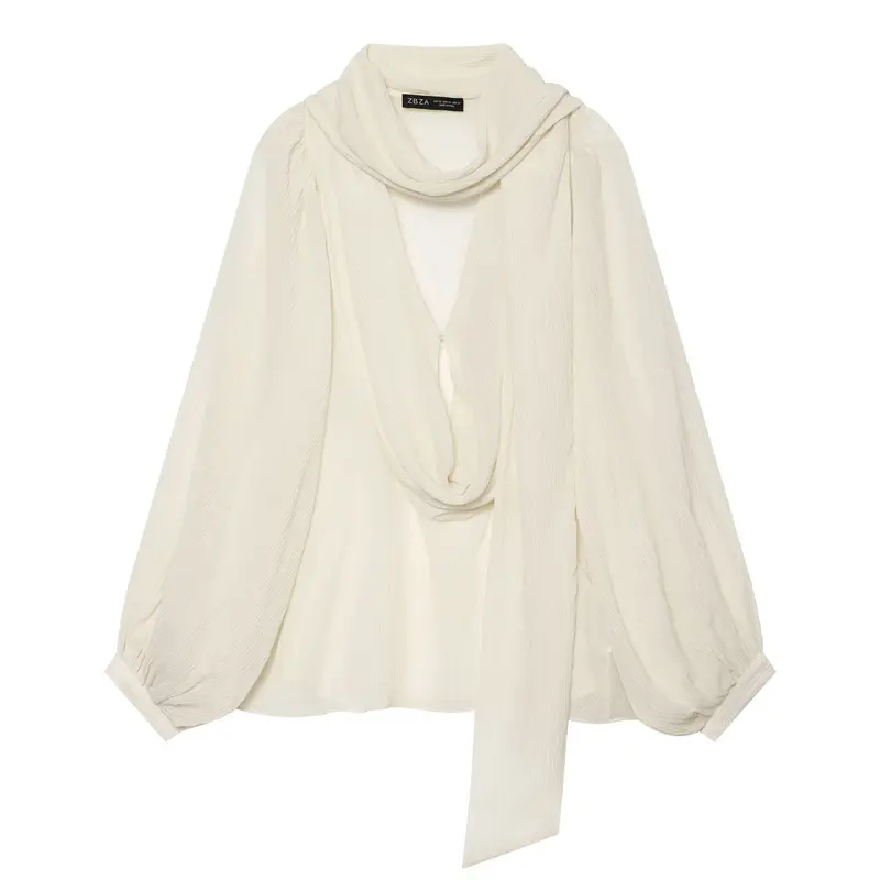 Damen Leichte Crêpe‑Bluse mit drapiertem Schalkragen und Ballonärmeln Drune