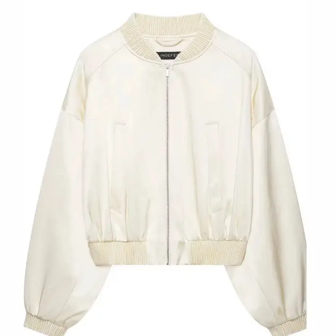 Damen Leichte Cropped Bomberjacke aus Satinoptik mit Rippenbündchen und überschnittener Schulter Drune