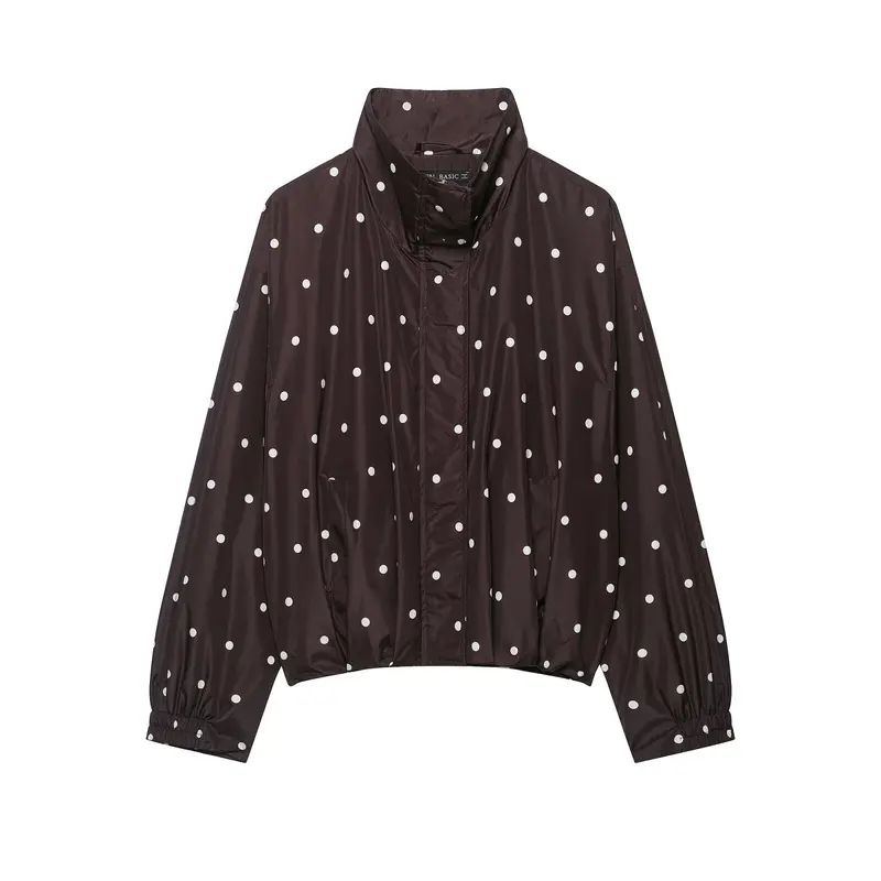 Damen Leichte Cropped-Regenjacke mit Stehkragen, Druckknopfleiste und Polka‑Dot-Design Drune