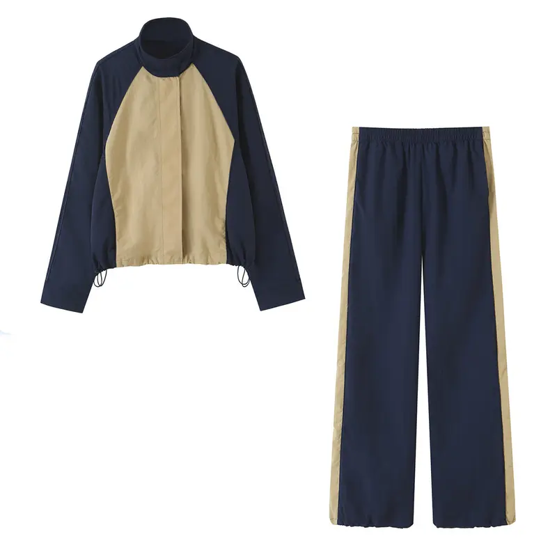 Damen Leichte Cropped-Übergangsjacke mit Funnelkragen, Kontrast-Einsätzen und Tunnelzug Drune