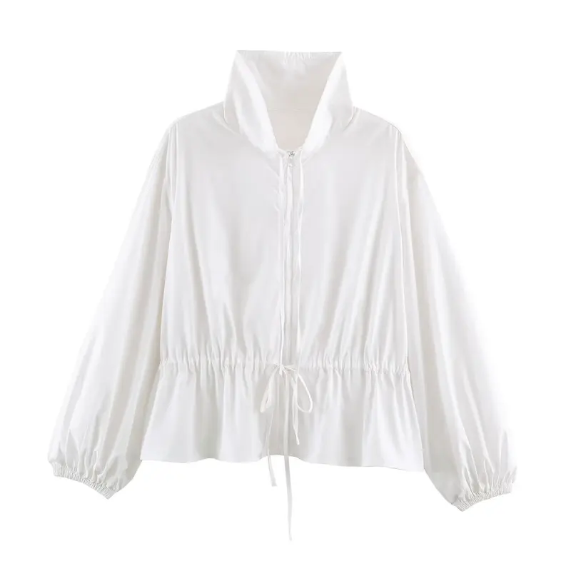 Damen Leichte Cropped Übergangsjacke mit hohem Funnelkragen und Tunnelzugtaillierung Drune