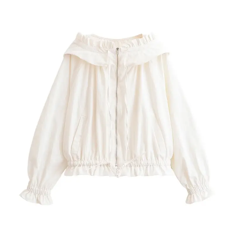 Damen Leichte Cropped-Übergangsjacke mit Rüschenkragen, Tunnelzug und Gummizugbündchen Drune