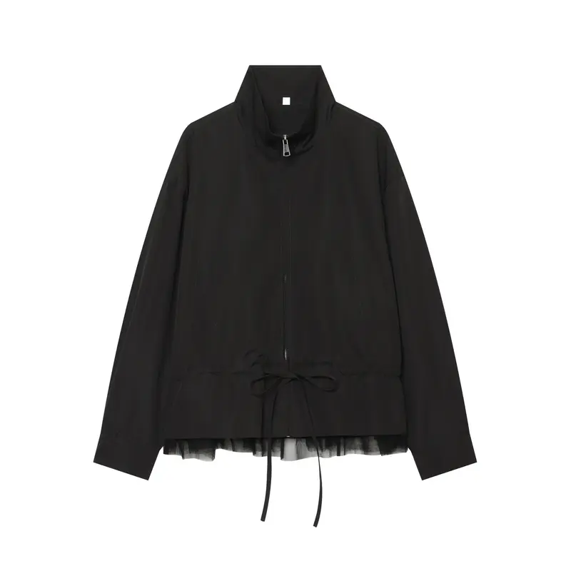 Damen Leichte Cropped Übergangsjacke mit Stehkragen, Tunnelzugtaillierung und Tüllbesatz Drune
