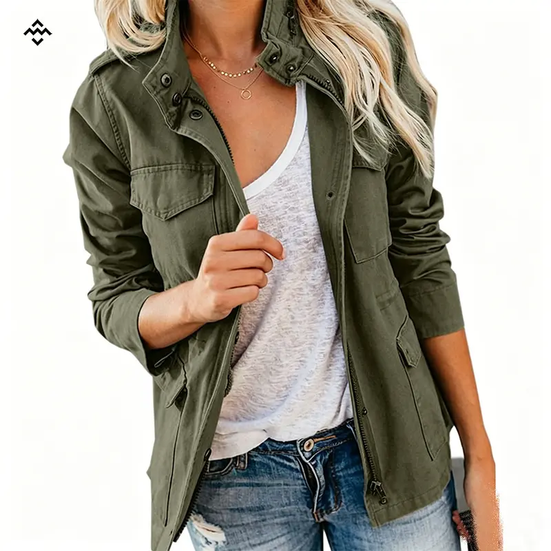Damen leichte Feldjacke im Utility-Stil mit Stehkragen und Mehrfachtaschen Drune