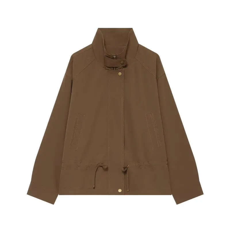 Damen Leichte Fieldjacke mit Stehkragen, Tunnelzugtaillierung und verdeckter Druckknopfleiste Drune