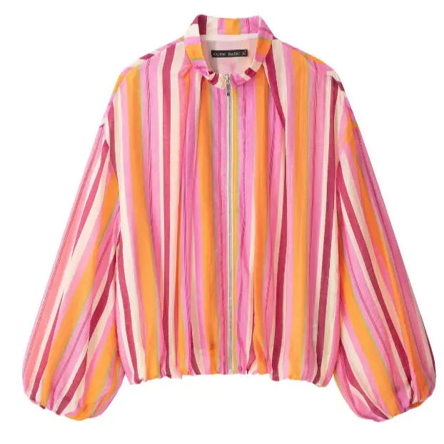 Damen Leichte gestreifte Cropped Blousonjacke im Bomberstil mit Stehkragen, Reißverschluss und Ballonärmeln Drune