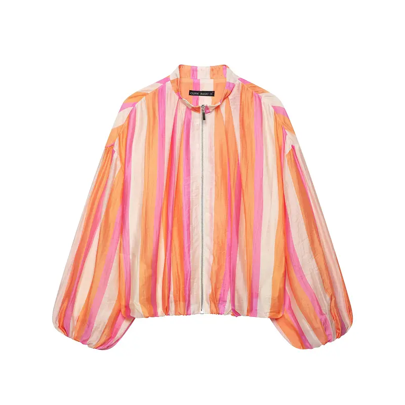 Damen Leichte gestreifte Cropped-Bomberjacke aus transparentem Crêpe mit Ballonärmeln Drune