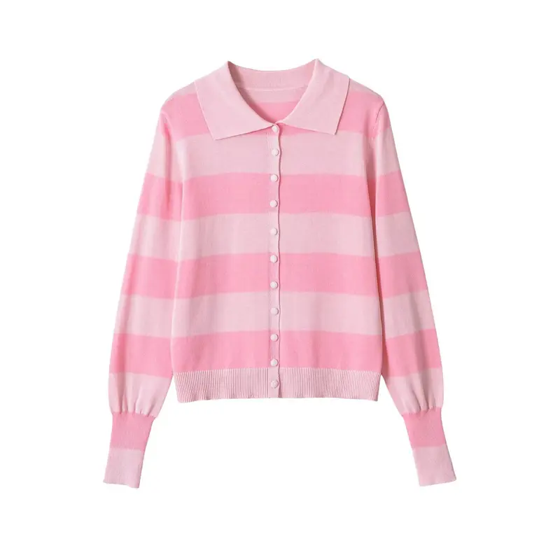 Damen Leichte gestreifte Strickjacke mit Polokragen und Knopfleiste Drune