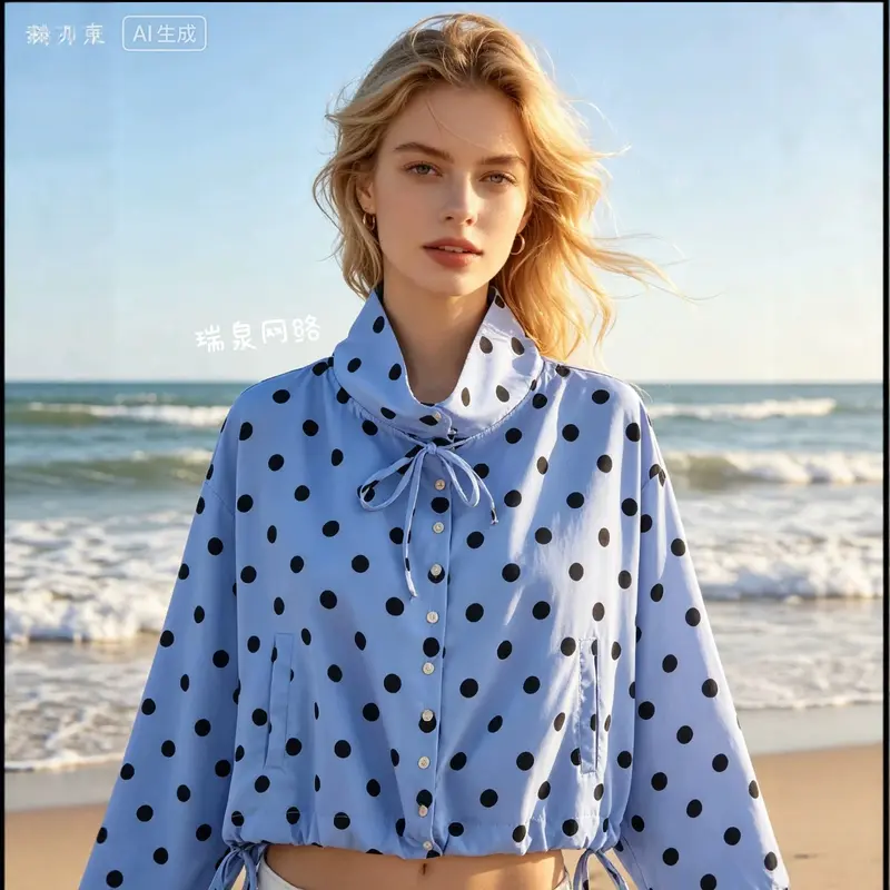 Damen Leichte Hemdbluse mit Polka‑Dot, femininem Puffärmel und durchgehender Knopfleiste Drune