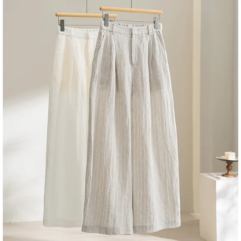 Damen Leichte High‑Waist Leinenmix Palazzohose mit weitem Bein, Bundfalten und elastischem Rückenteil Drune
