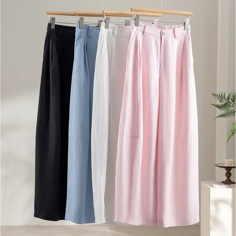 Damen Leichte High-Waist Palazzo-Hose mit vorderer Bundfalte, teilelastischem Bund und seitlichen Eingrifftaschen Drune