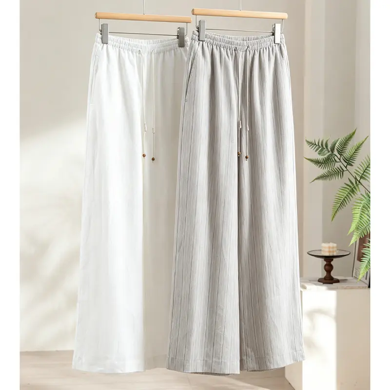 Damen Leichte Hochbund-Loungehose aus Leinenmix mit Tunnelzug und Nadelstreifen-Optik Drune