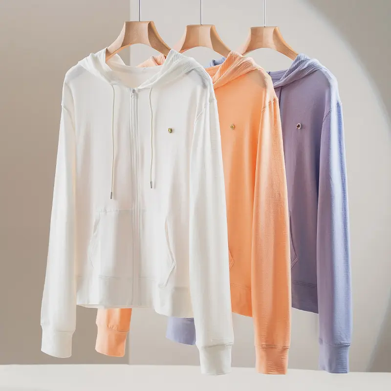 Damen leichte Kapuzen-Sweatjacke aus Slub-Jersey mit durchgehendem Reißverschluss und Kängurutaschen Drune