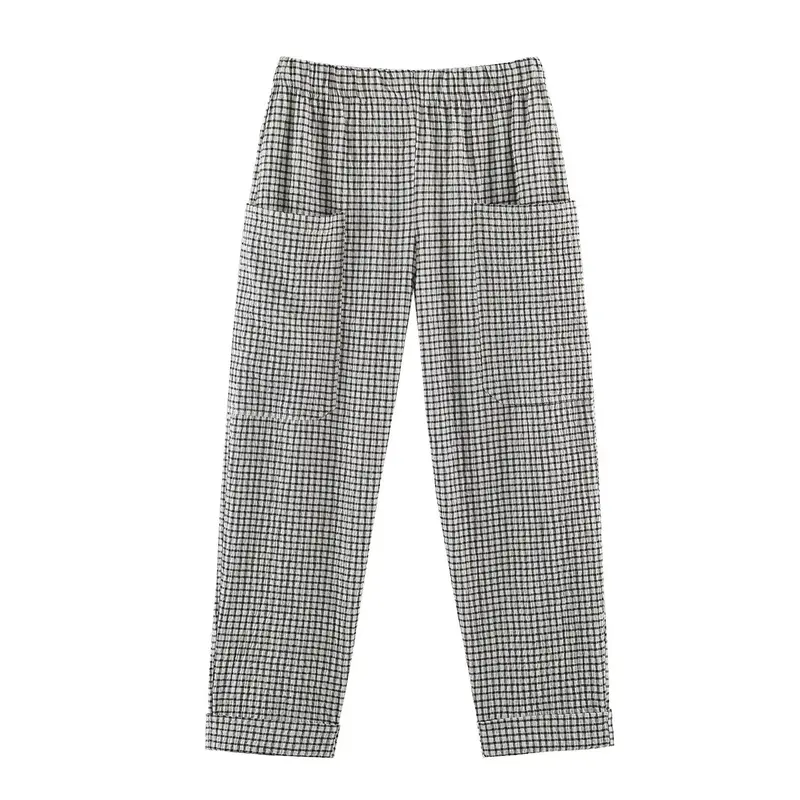 Damen Leichte karierte Seersucker-Hose mit Gummibund, aufgesetzten Taschen und schmal zulaufendem Bein Drune