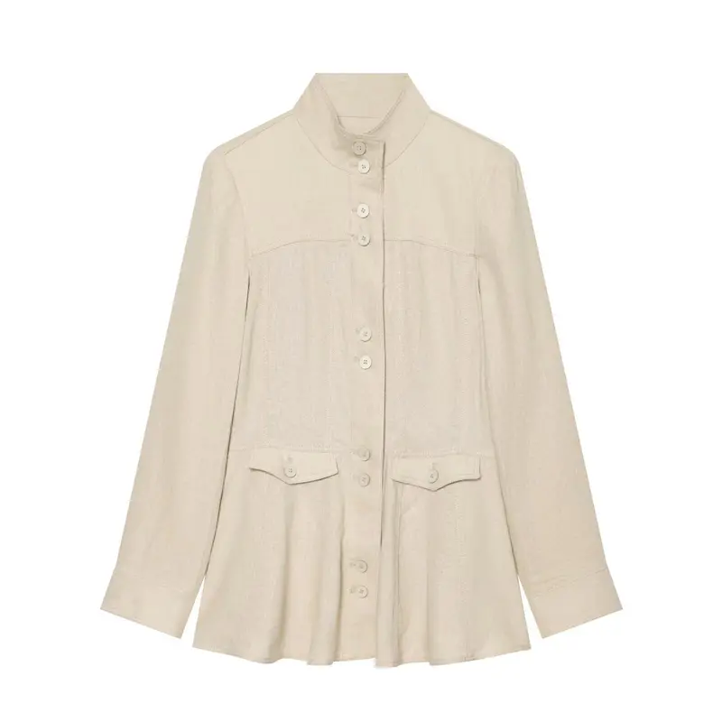 Damen Leichte Leinenoptik Hemdjacke mit Stehkragen, Knopfleiste und ausgestelltem Saum Drune