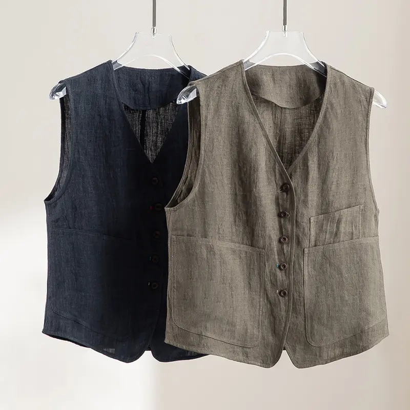 Damen Leichte Leinenweste im Utility-Look mit V-Ausschnitt und großen Aufgesetzten Taschen Drune
