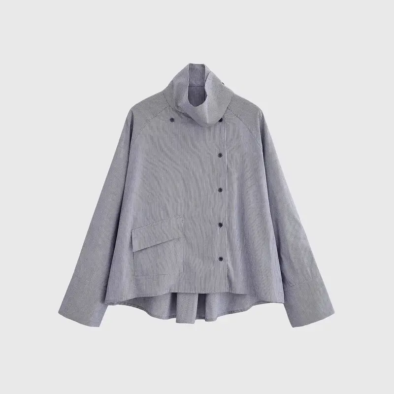 Damen leichte Oversize-Hemdjacke mit hohem Funnelkragen und asymmetrischer Knopfleiste Drune