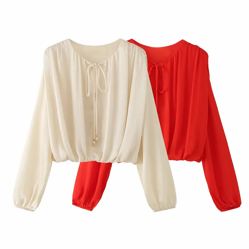 Damen Leichte Plissée-Cropped-Bluse mit Tunnelzugkragen und Ballonärmeln Drune