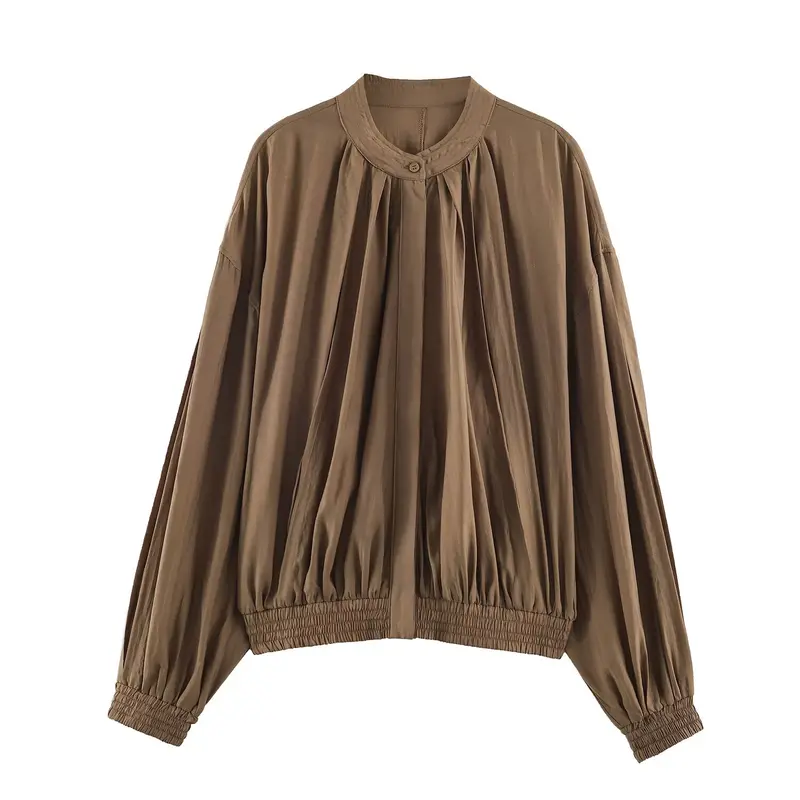 Damen Leichte Plissierte Blousonjacke mit Rundkragen, Ballonärmeln und gesmoktem Saum Drune